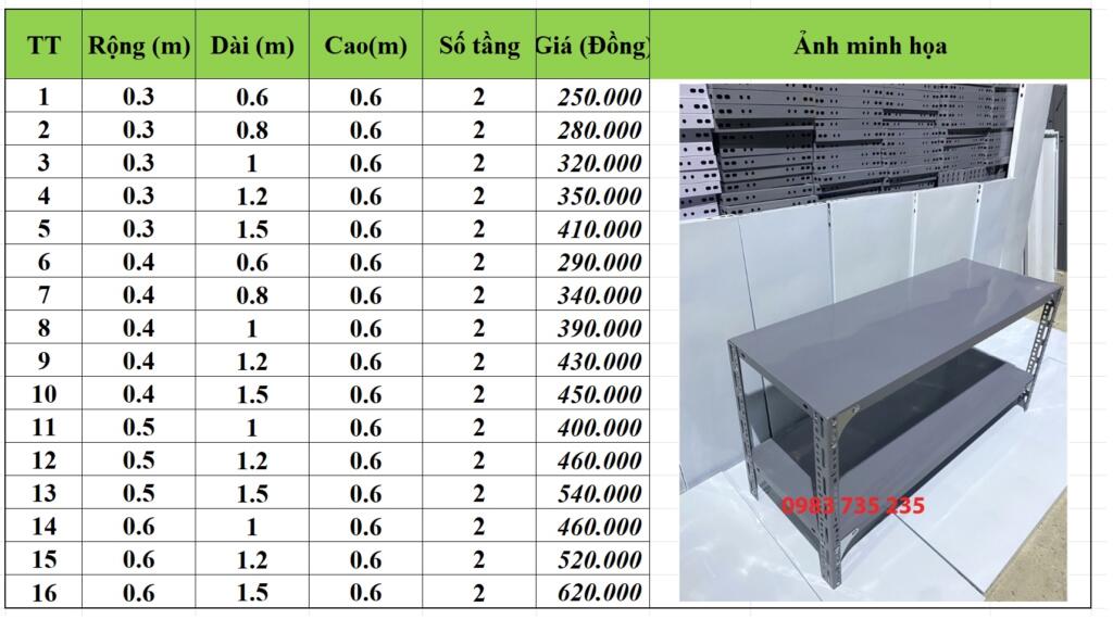 Bảng báo giá kệ sắt v lỗ 2 tầng