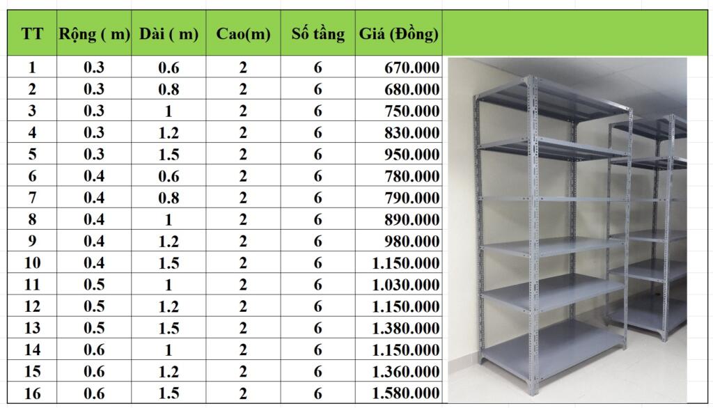 Bảng báo giá kệ sắt v lỗ 6 tầng
